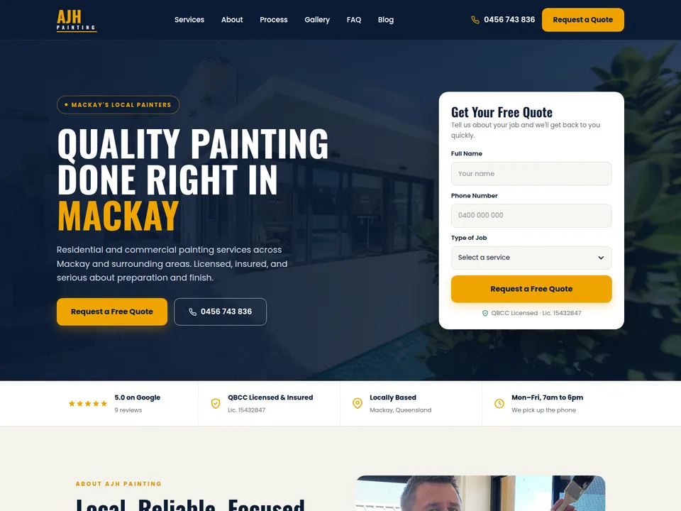 AJH Painting website, top of the homepage