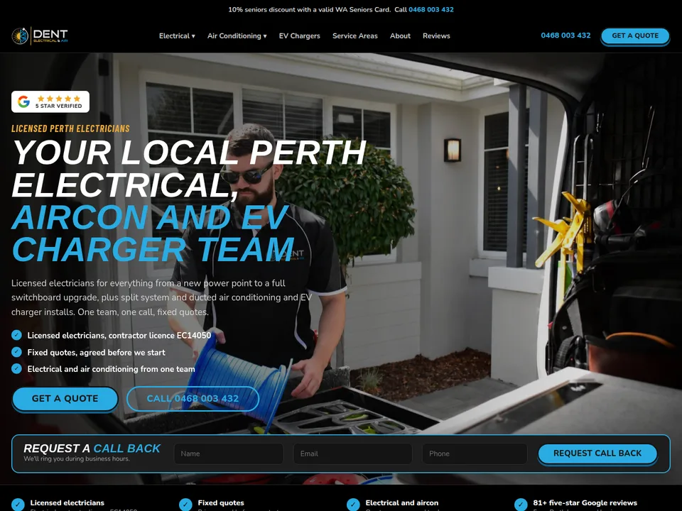 Dent Electrical & Air website, top of the homepage