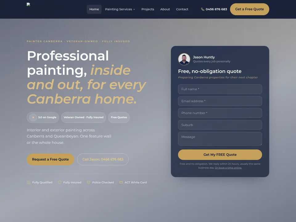 Premier Painting ACT website, top of the homepage
