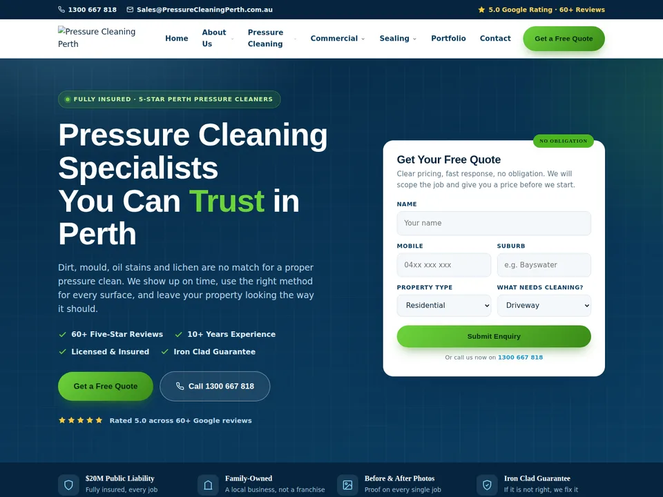 Pressure Cleaning Perth website, top of the homepage