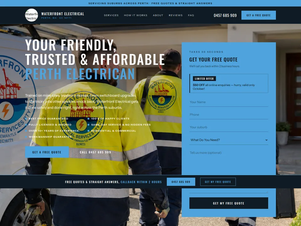 Waterfront Electrical website, top of the homepage