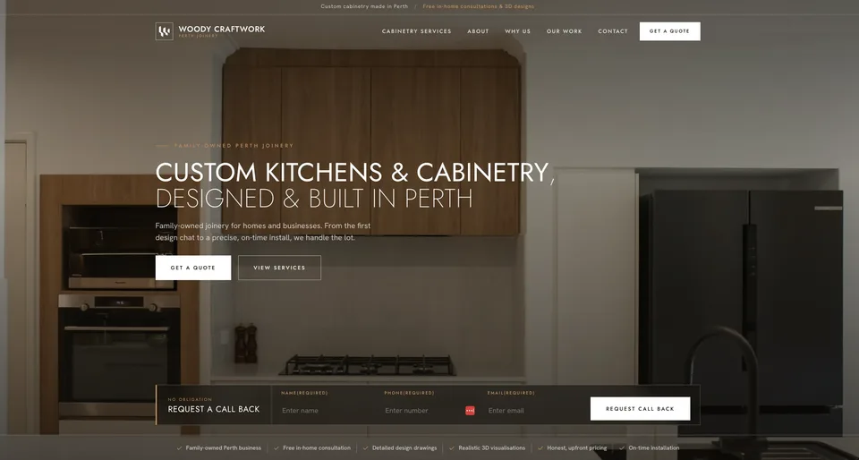 Woody Craftwork website, top of the homepage
